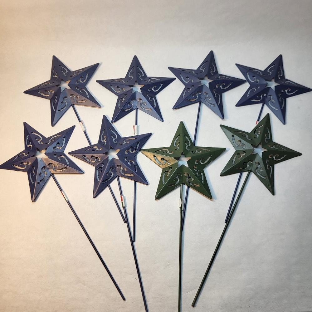 8 Star Metal Picks 9" Blue Green Pots Floral Arrangements Holiday NEW NOS
